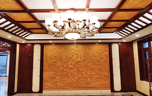 禹会中式别墅客厅中式木作横梁吊顶装饰展示